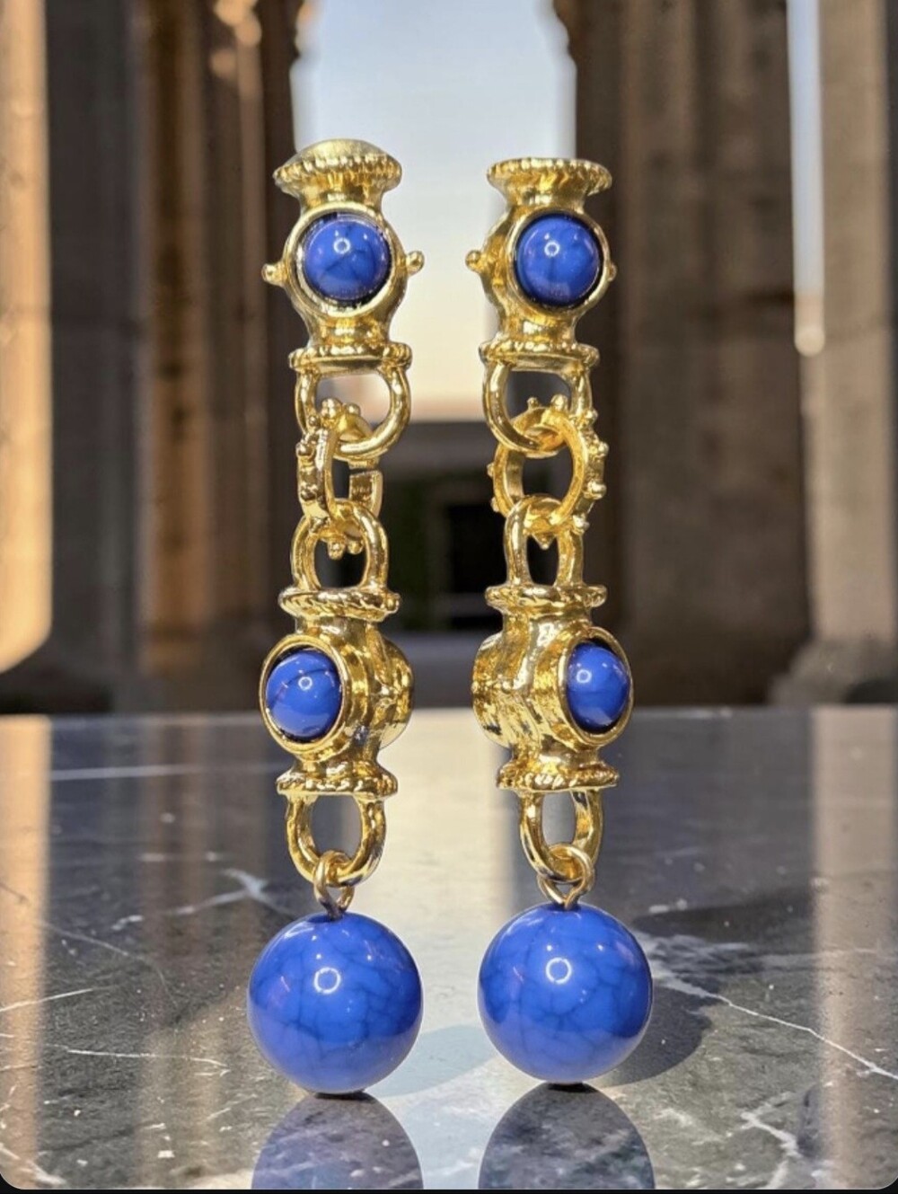 Byzantine Revival 18k Gold Plated Lapis Lazuli Stone Cabochon Dangle Earrings